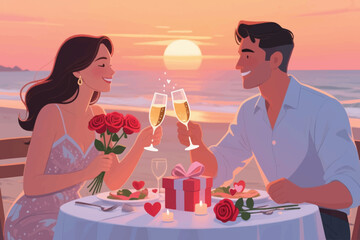 Couple toasting at romantic beach dinner during sunset with bouquet, candles, and heart decor.