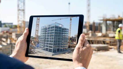 Engineer Using Tablet with Augmented Reality 3D Building Model on Construction Site to Visualize Architectural Project with BIM Technology - Powered by Adobe
