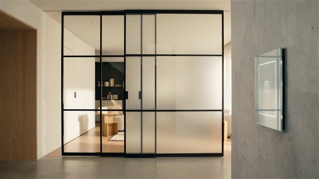 Close up of a Hand Interacting with a Glass Smart Home Control Panel in a Modern Minimalist Interior