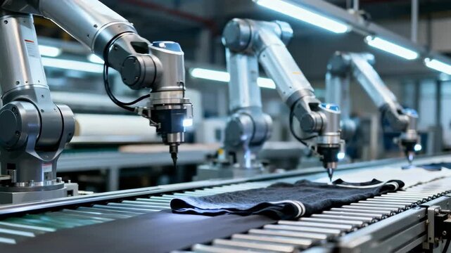Medium shot capturing synchronized robotic arms working on apparel assembly lines reflecting advanced speed and accuracy in textile manufacturing.