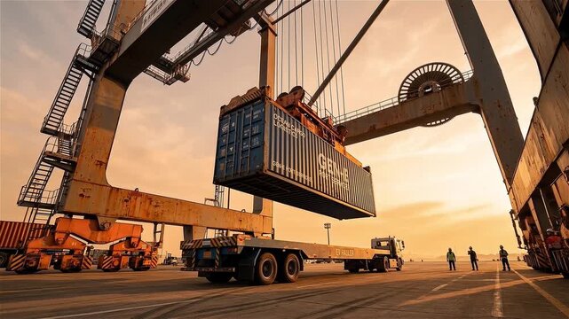 Industrial gantry crane loading a shipping container onto a flatbed truck at a port terminal during sunset, highlighting global logistics and maritime trade.