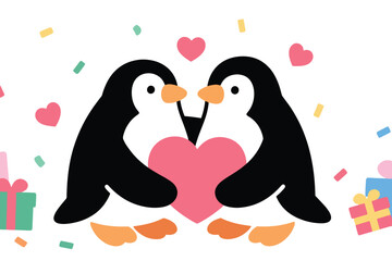 Two cartoon penguins holding big pink heart with confetti and gift boxes in festive romantic scene.