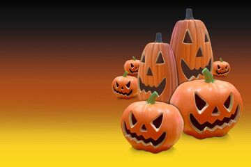 various sizes and shapes of seven pumkins are carved with similar spooky faces on gradient black and orange and yellow background, object, decor, fashion, scary, festival, celebration, ghost