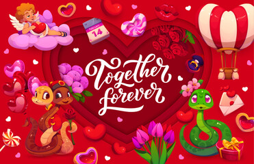 Fototapeta premium Paper cut Happy Valentine day banner with cupids, snakes and hearts, vector greeting card. Valentine day holiday paper cut heart with cupid on cloud, wedding ring and 14 February calendar in flowers