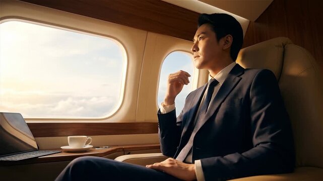 Thoughtful Asian Businessman in Suit Looking Out Window of Luxury Private Jet First Class Cabin