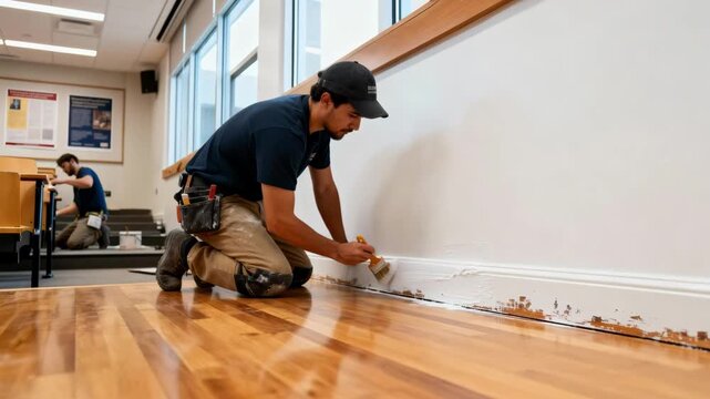 Medium shot capturing craftsmen applying fresh paint to scuffed baseboards in a modern lecture hall focusing on revitalizing educational spaces for a polished look