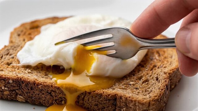 Close up of a fork breaking into a poached egg on whole grain toast with golden yolk oozing out, a healthy breakfast or brunch meal concept