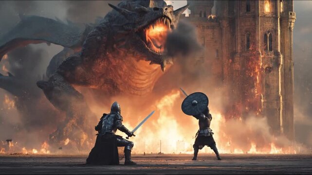 Two armored knights confront a colossal dragon as fire devours a shattered fortress in ruin, of ash