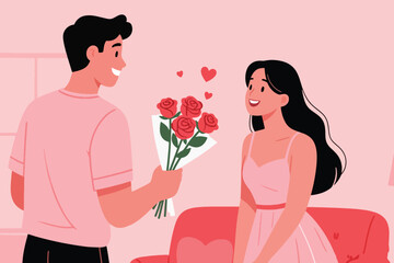 Man giving red rose bouquet to woman in romantic indoor setting with hearts and pink tones.