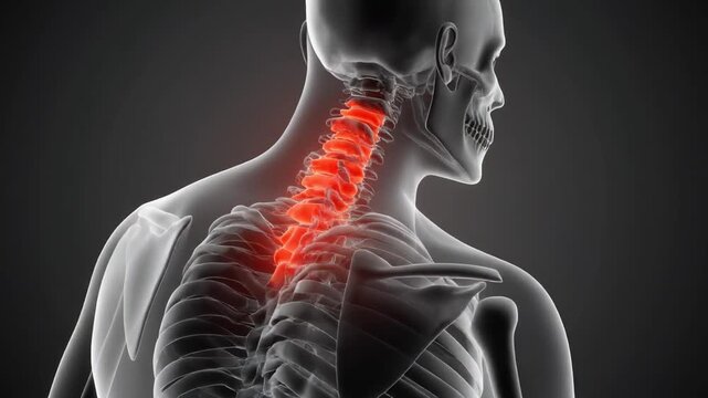 "A glowing red cervical spine radiates pain in a translucent anatomical neck and upper back view."
