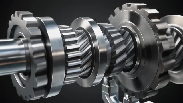 Close-up of a Mechanical Gearbox with Interlocking Metal Gears and Shafts in a Row engineering machinery