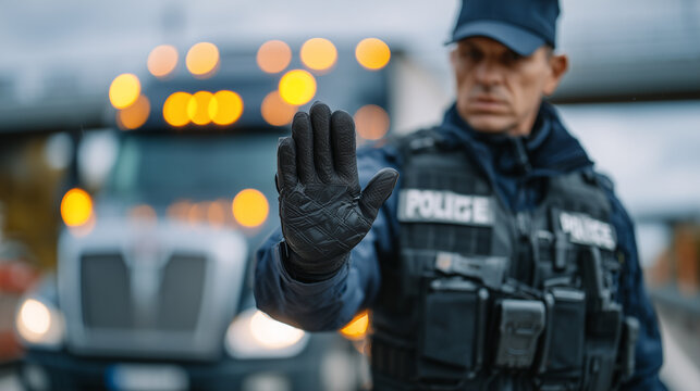 Close-up border control scene with a customs officer halting freight trucks, focused on the officer&acirc;s gloved hand and stop signal, blurred trucks and flashing hazard lights behind,