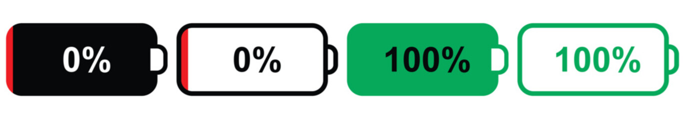 Device battery charging level icons. 0 - 100% battery charge. vector illustration.