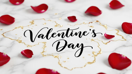 Romantic Valentine Day Celebration with Red Rose Petals and Gold Glitter Heart Shape