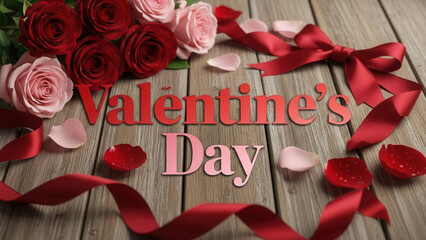 Romantic Valentine day celebration with roses ribbon and heart decorations on wooden background