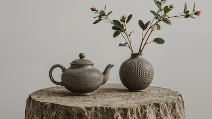 Ceramic teapot and vase with branch and leaves on a tree stump surface. Vintage and rustic style. Home decor and interior design. Natural and minimalist aesthetic.