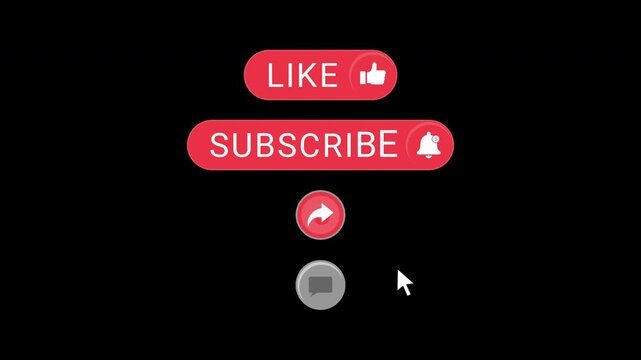 Animation of YouTube-like, subscribe, share, and comment buttons with mouse click. Isolated on a black background with an alpha channel.