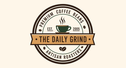 Vintage badge logo for coffee shop or cafe with premium coffee beans and artisan roasters with coffee logo and coffee culture and branding and marketing