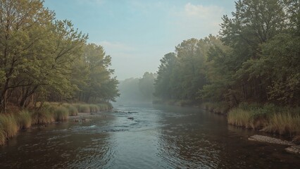 Fototapeta premium A serene river landscape surrounded by trees and lush greenery during daytime.