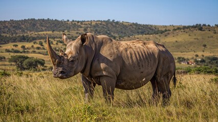 Obraz premium A rhinoceros in a grassland landscape.