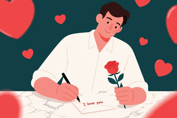Man writing &ldquo;I love you&rdquo; while holding red rose at marble table with romantic heart background.