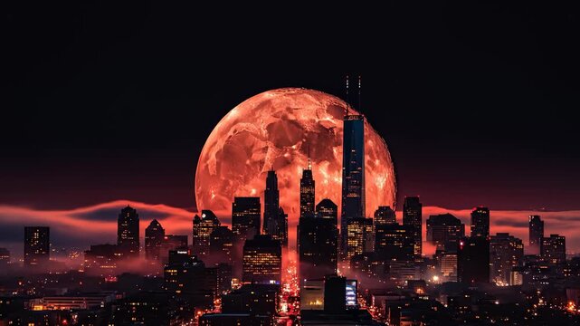 City Skyline at Night Underneath Giant Red Moon With Fog
