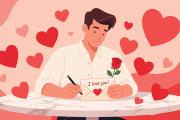 Man writing &ldquo;I love you!&rdquo; on card with red rose at marble table in romantic heart filled setting.