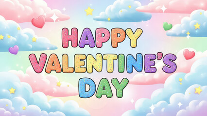 Colorful Valentine Day Greeting Card with Hearts and Clouds Background