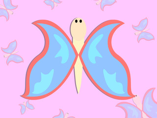 Cute butterfly cartoon illustration with blue wings on a pink background. Playful flat design suitable for children books, nursery art, stickers, educational content, and creative projects.