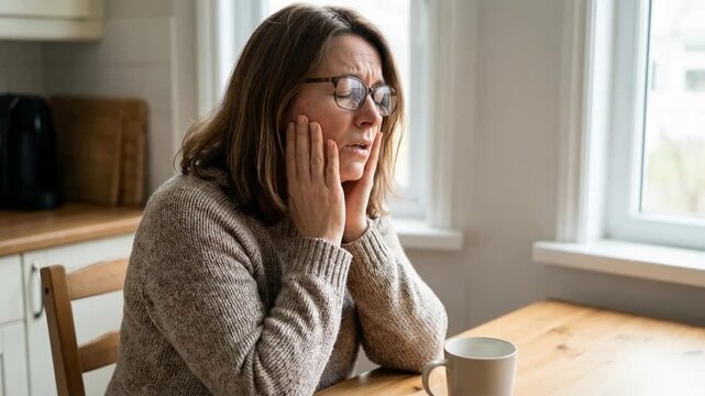 A woman in her 40s sits at a kitchen table, grimacing in severe agony from toothache, pressing her hand to her inflamed cheek as pain overwhelms her expression