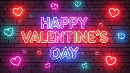 Neon Sign Displaying Happy Valentine Day Message on Brick Wall Background