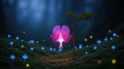 Illuminated Flower Bloom Glowing in Night Garden for Valentine Day Romance