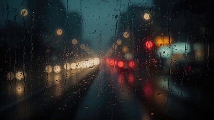 Rainy night scene on a city street viewed through a window with raindrops and blurred car lights.