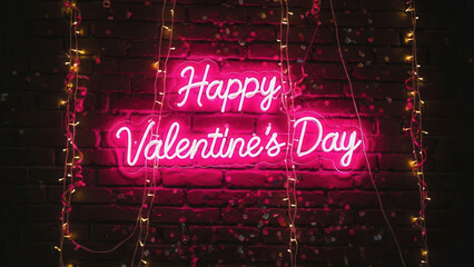 Neon Sign Glowing Happy Valentine Day Message on Brick Wall with Decorative Lights