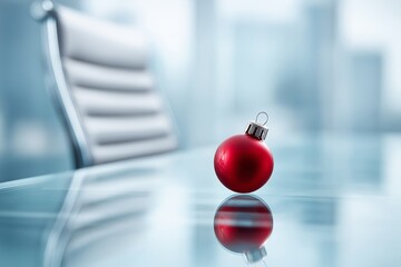 Single red Christmas ornament on office desk symbolizing business stress isolation holiday contrast and emotional tension within modern corporate workplace environment, Generative AI