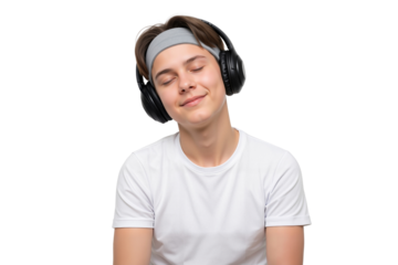 Relaxed teenager with black headphones with eyes closed and smiling while listening to music, isolated on transparent background