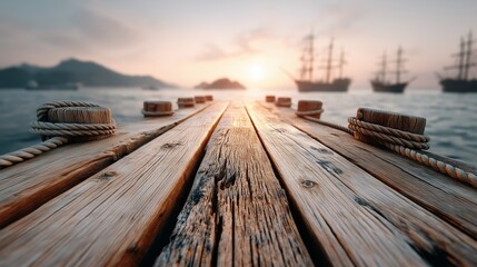 Fototapeta premium Wooden harbor pier at sunset with ships in distance symbolizing maritime travel nostalgia calm adventure and timeless seafaring journey, Generative AI