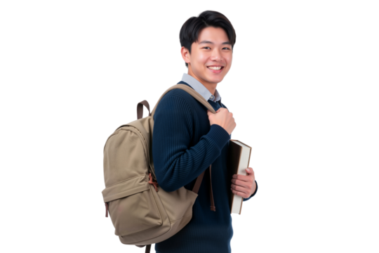 Young Asian male university student smiles, holding a book and carrying a backpack isolated on transparent background - Powered by Adobe