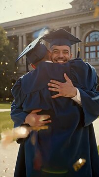 happy young man in bachelor cap and gown hugging