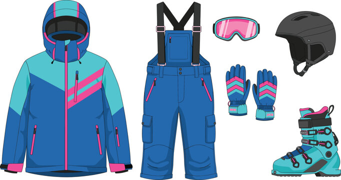 Winter sports clothing vector illustration set featuring ski jacket pants gloves boots helmet and goggles isolated