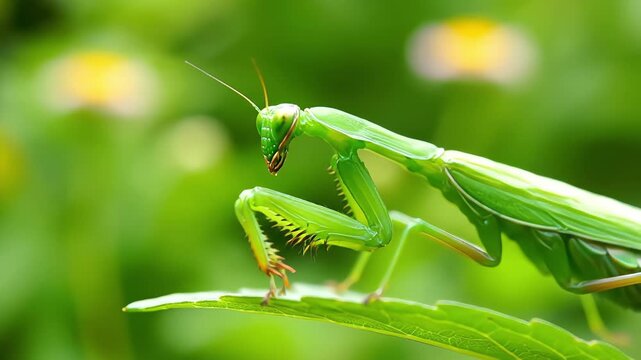 Green Praying Mantis Cleaning Legs Macro Close Up
