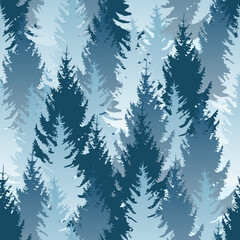 Dense blue pine forest silhouette seamless pattern for winter nature backgrounds