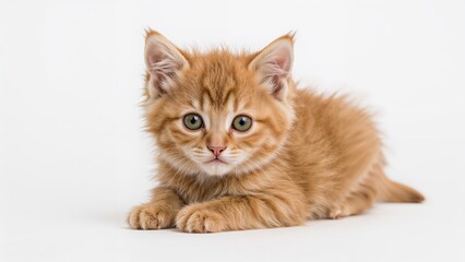 Obraz premium Cute orange kitten lying down with wide eyes, isolated on white background. Adorable pet photography, feline, and domestic animal.