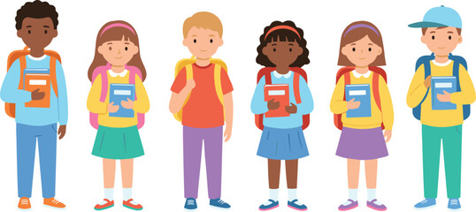 School children vector illustration set showing diverse students with backpacks and books education concept isolated