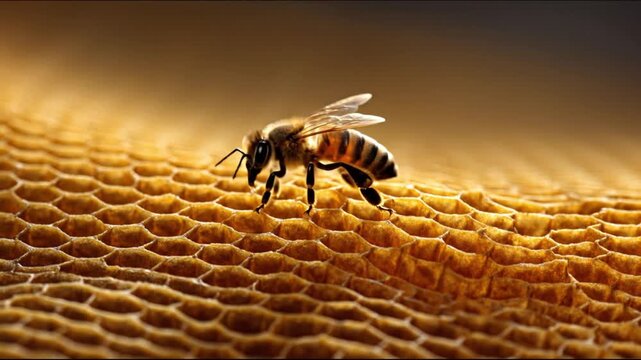 Macro close-up a bee on a golden honeycomb, glowing textures and precise hexagonal cells. with glow