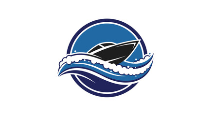 A sleek black boat speeds across foamy blue waves in a circular graphic illustration with white accents with water and ocean and sea and transportation