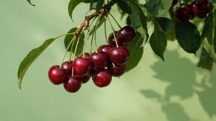 Cherry bunches hanging from a branch with green leaves, ripe and ready to harvest. Fresh fruit on a cherry tree in natural setting.