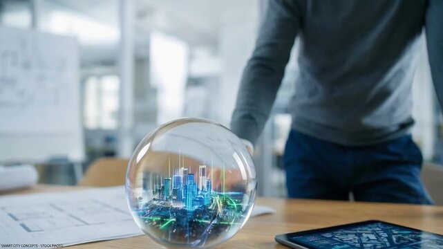 innovation driven efficiency model concept. A person holds a globe showcasing a futuristic cityscape model.
