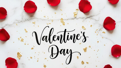 Romantic Valentine day celebration with red rose petals and golden confetti on white surface