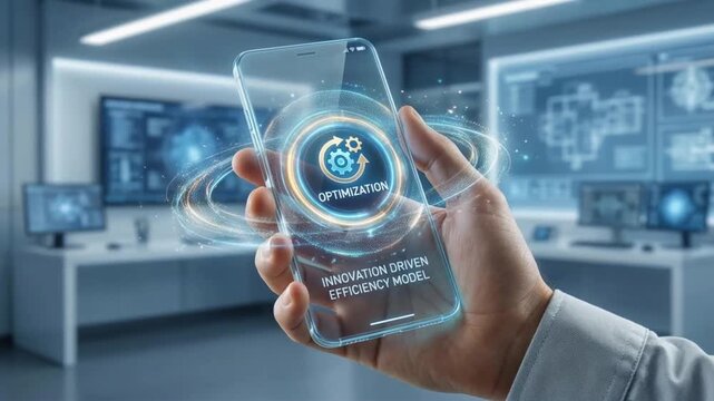 innovation driven efficiency model concept. Futuristic smartphone displaying optimization concepts in a tech environment.